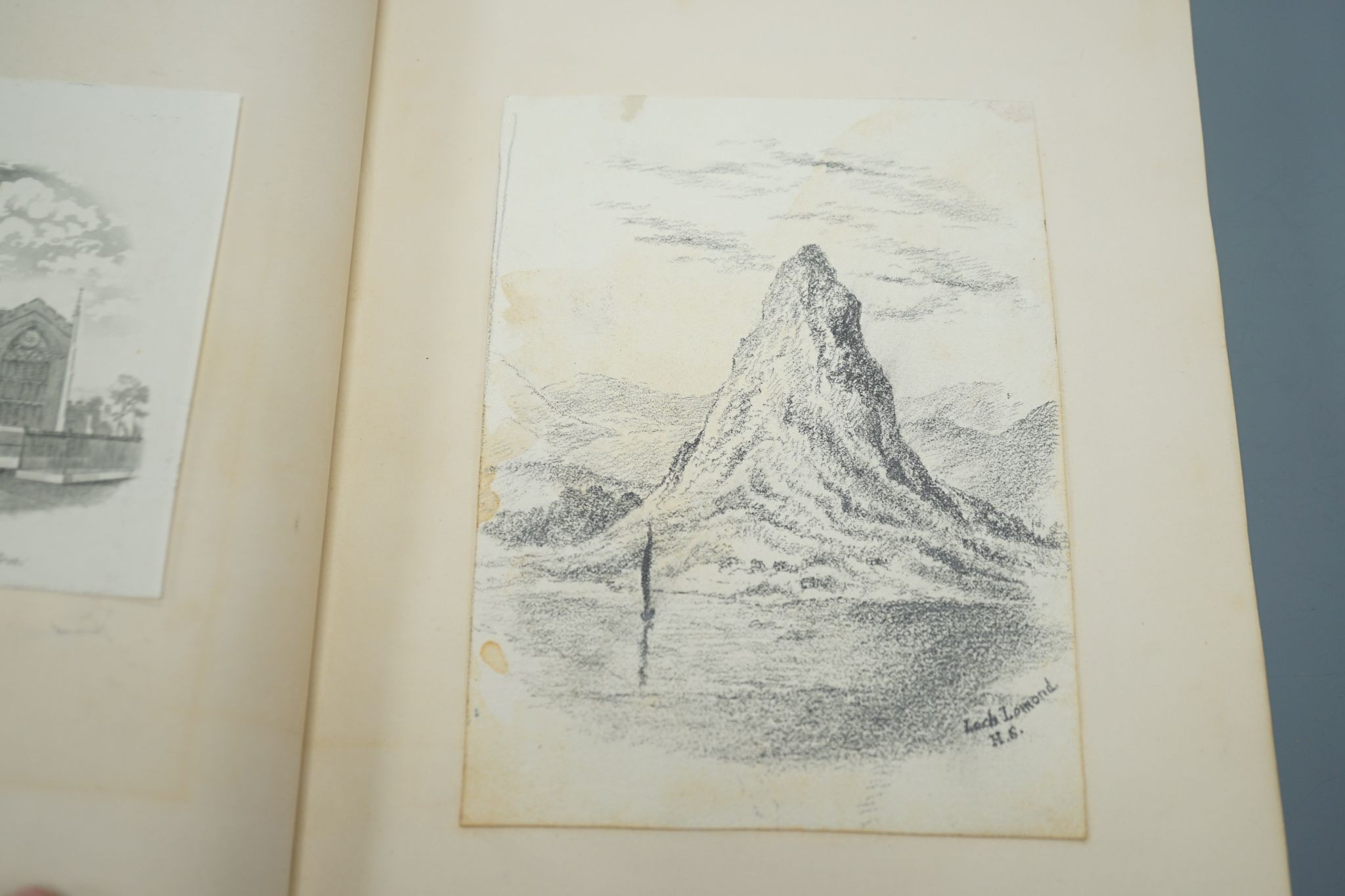 An album of 38 late 18th/early 19th century watercolour and pencil sketches by various hands, including two en grisaille, of Greek temples, by George Stanley Cary (1780-1822), others by Lady Mordaunt (1848-1906), John St